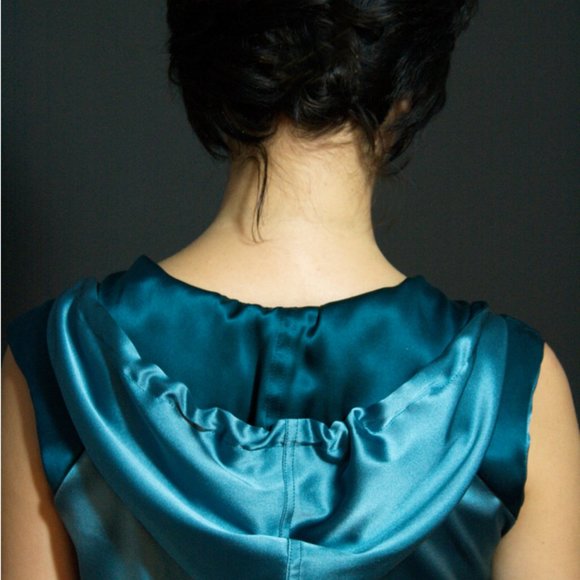 100% Silk Charmuese Hoodie dress two tone Teal & Blue Custom Designed - Picture 4 of 4